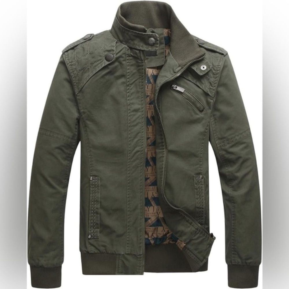 Olive Green Utility Jacket with Stand Collar